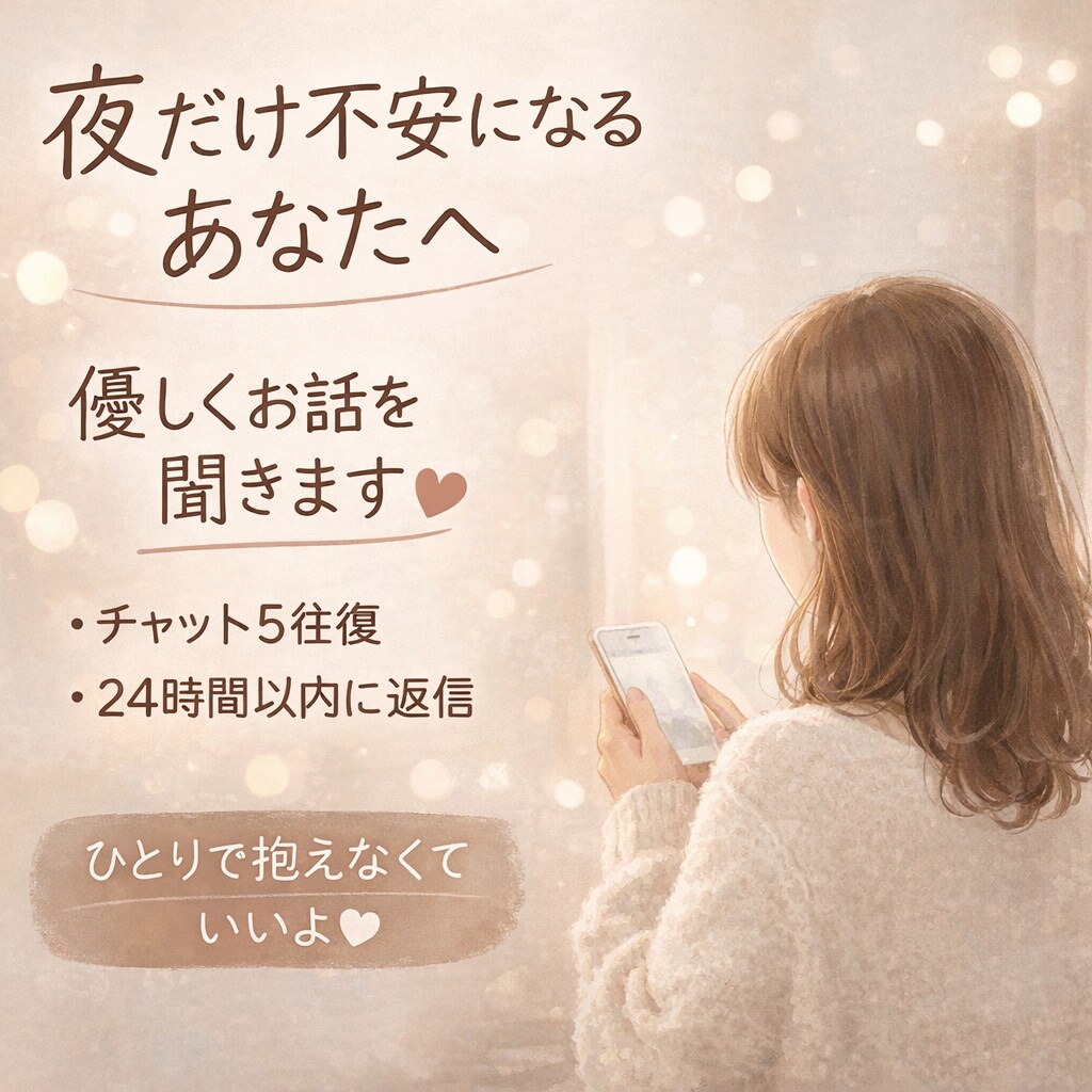 誰にも言えないモヤモヤ、全部受け止めます ひとりで抱えなくていいよ。気持ちを一緒に整理します。 イメージ1