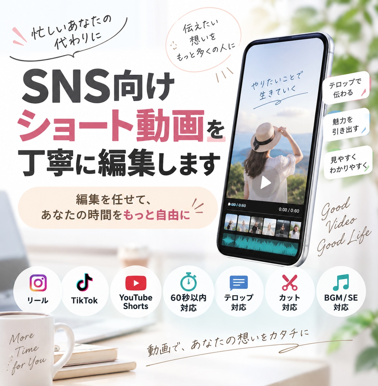 SNS向けショート動画を丁寧に編集します 編集を任せて、あなたの時間をもっと自由に イメージ1