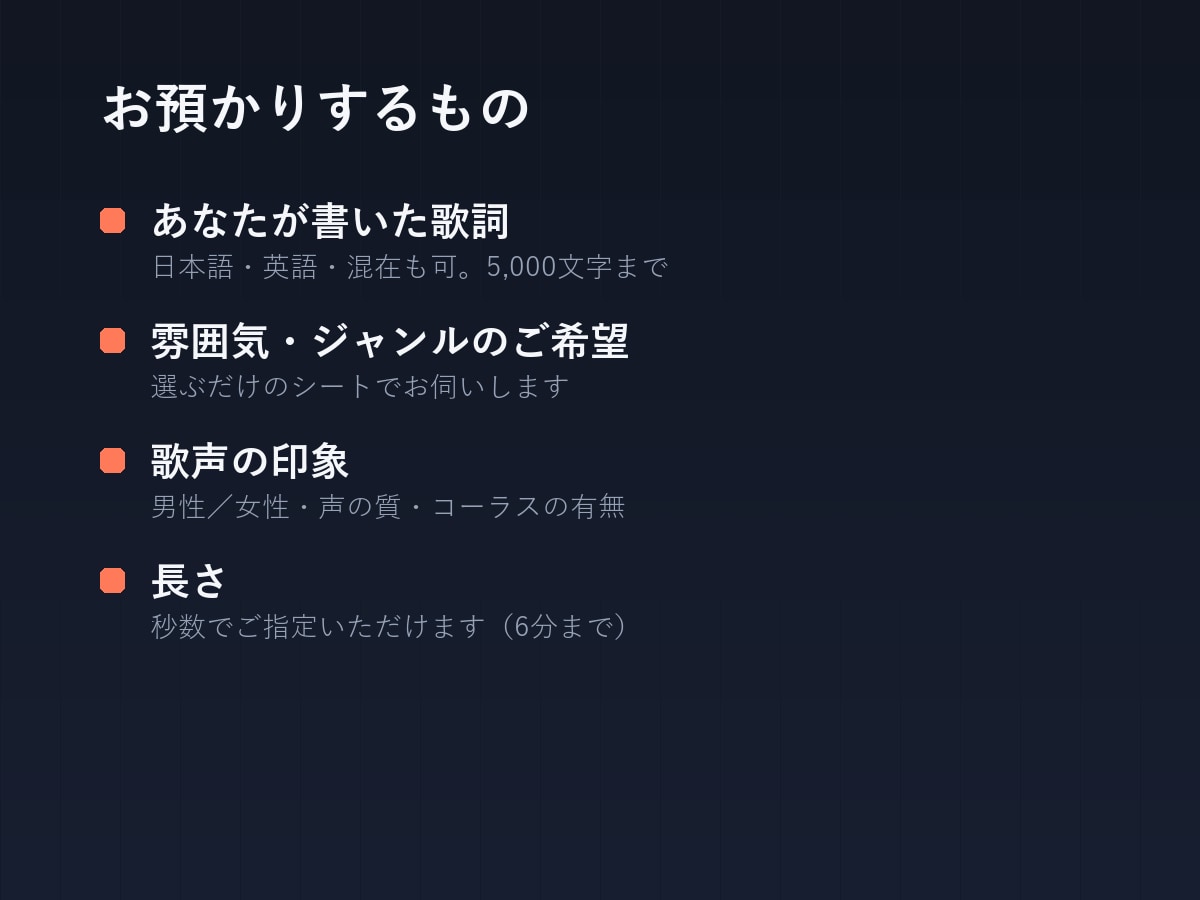 あなたの歌詞にAIで曲をつけます 日本語の歌もの。2案から選べて修正2回まで イメージ2