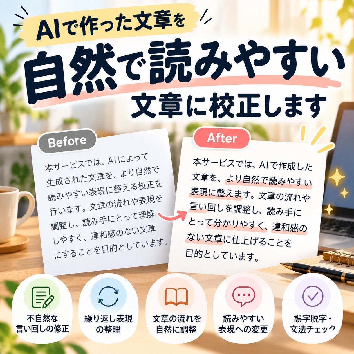 AIで書いた文章を自然な文章に校正します AIっぽさを抑えて、自然で読みやすい文章に整えます イメージ1