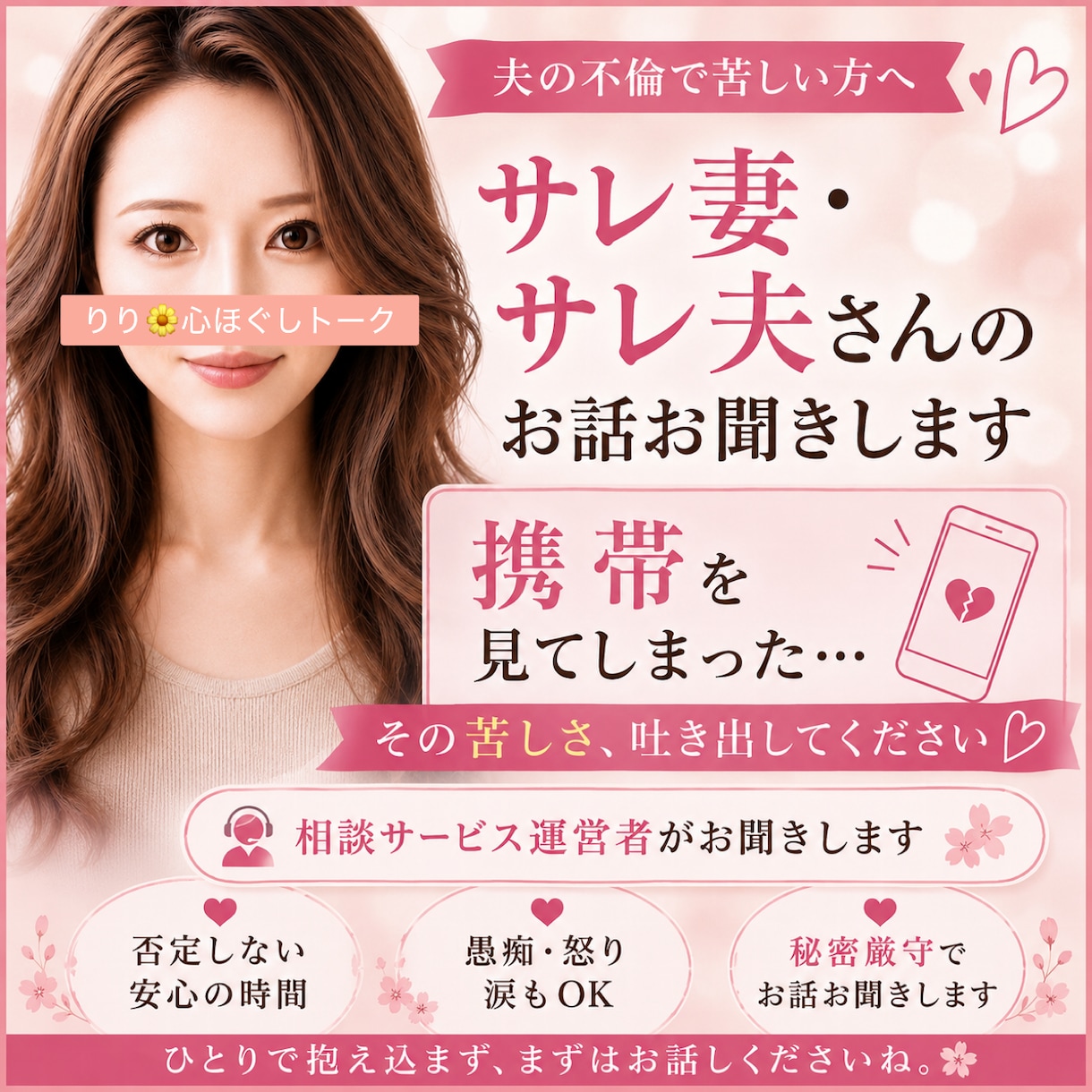 不倫発覚！サレ妻サレ夫さんのお悩みお聞きします 相談サービス運営・経営者が不倫のお悩みお聞きいたします。 イメージ1