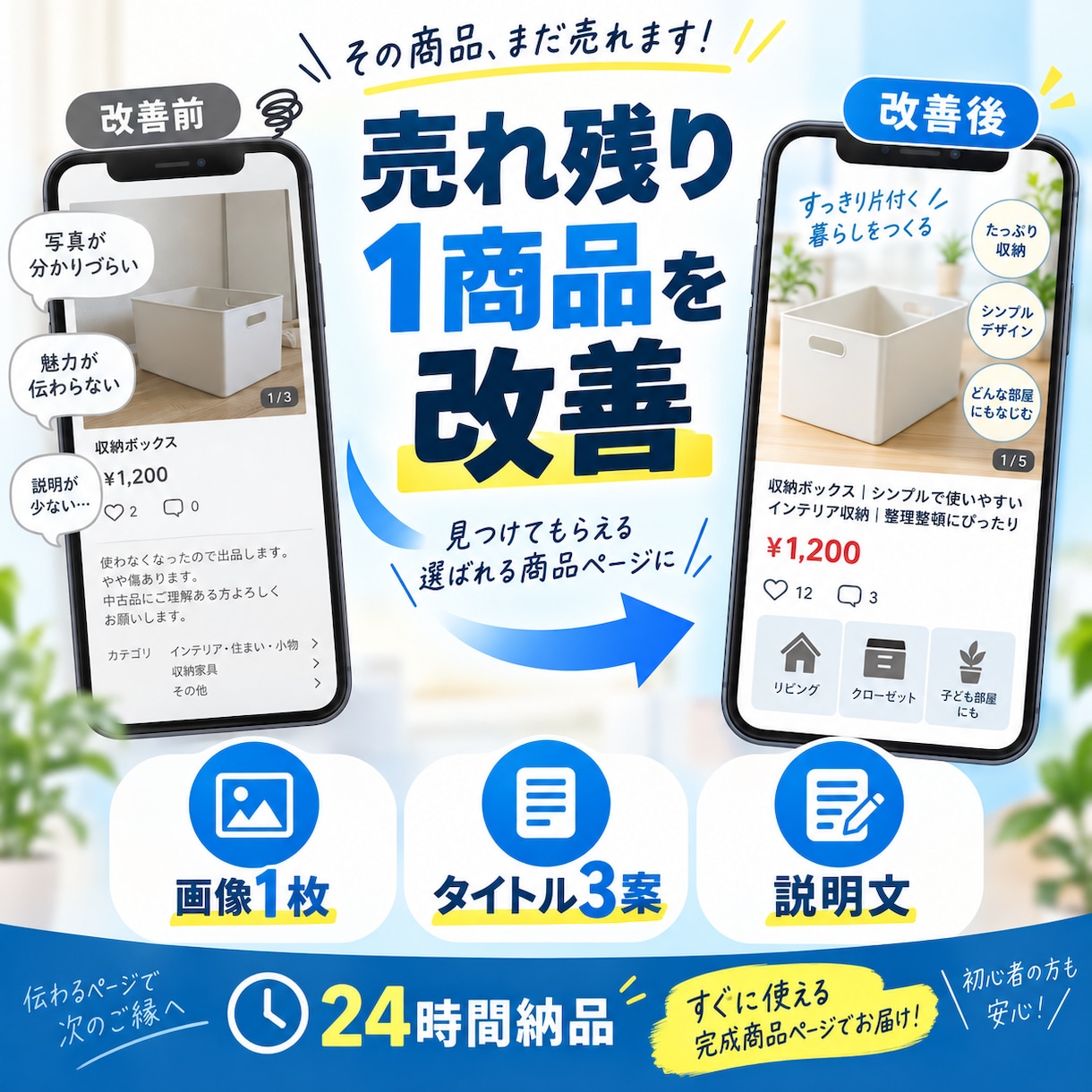 売れ残り1商品の画像と文章を改善します 画像1枚・タイトル3案・説明文を24時間で納品 イメージ1