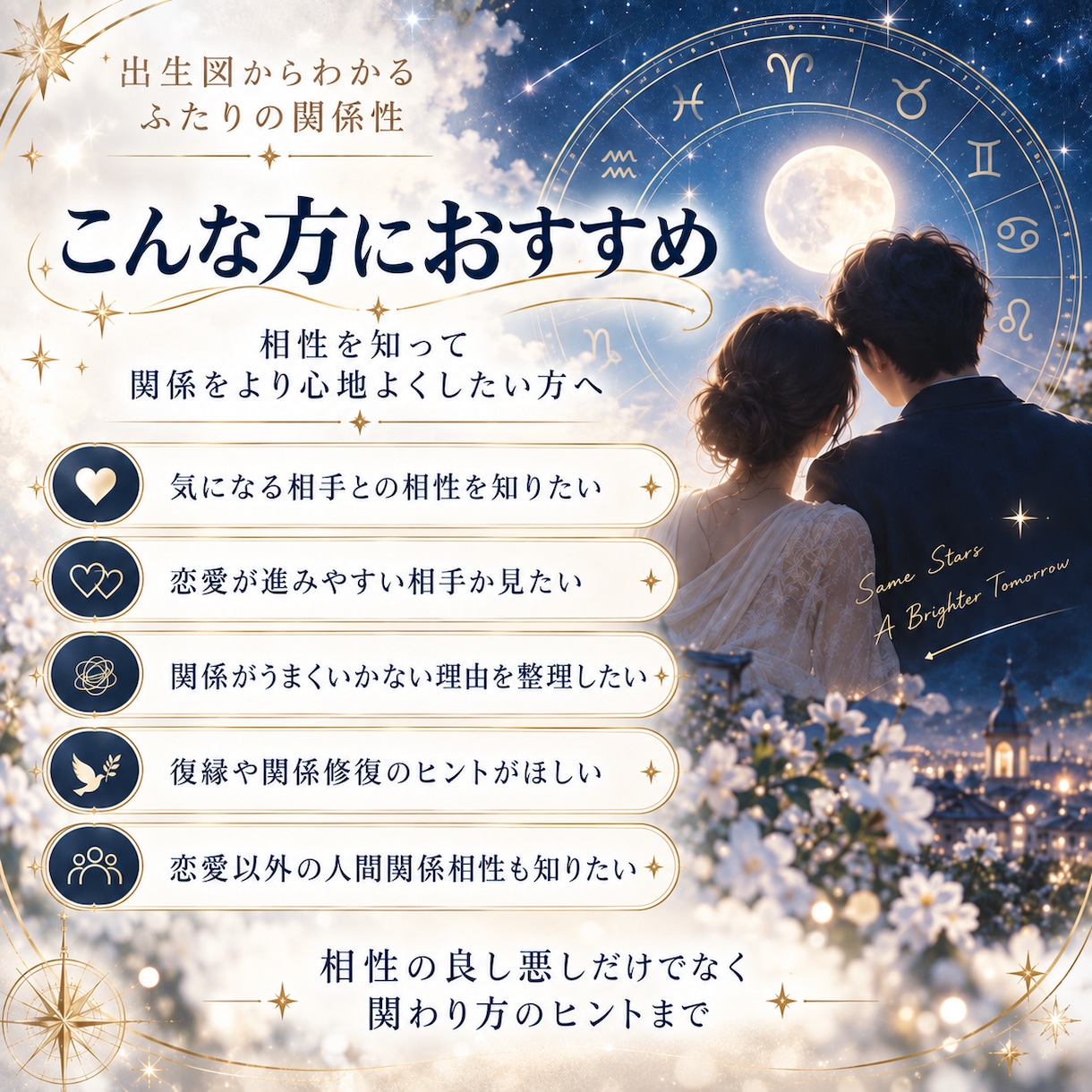 出生図からふたりの相性と関係性を丁寧に読み解きます 惹かれ合い/すれ違いやすい点/関係を育てるヒントまで星で鑑定 イメージ3
