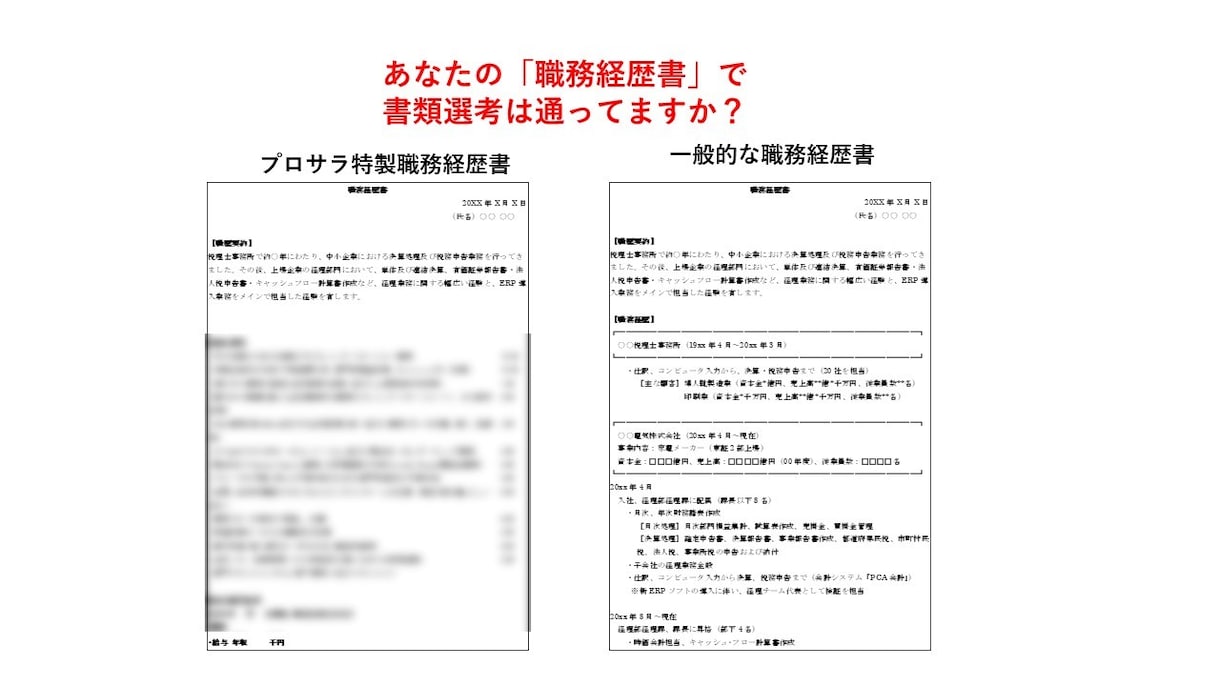 書類選考が通る「職務経歴書」、あります 転職10回の経験から編み出した「プロサラ特製職務経歴書」です イメージ1