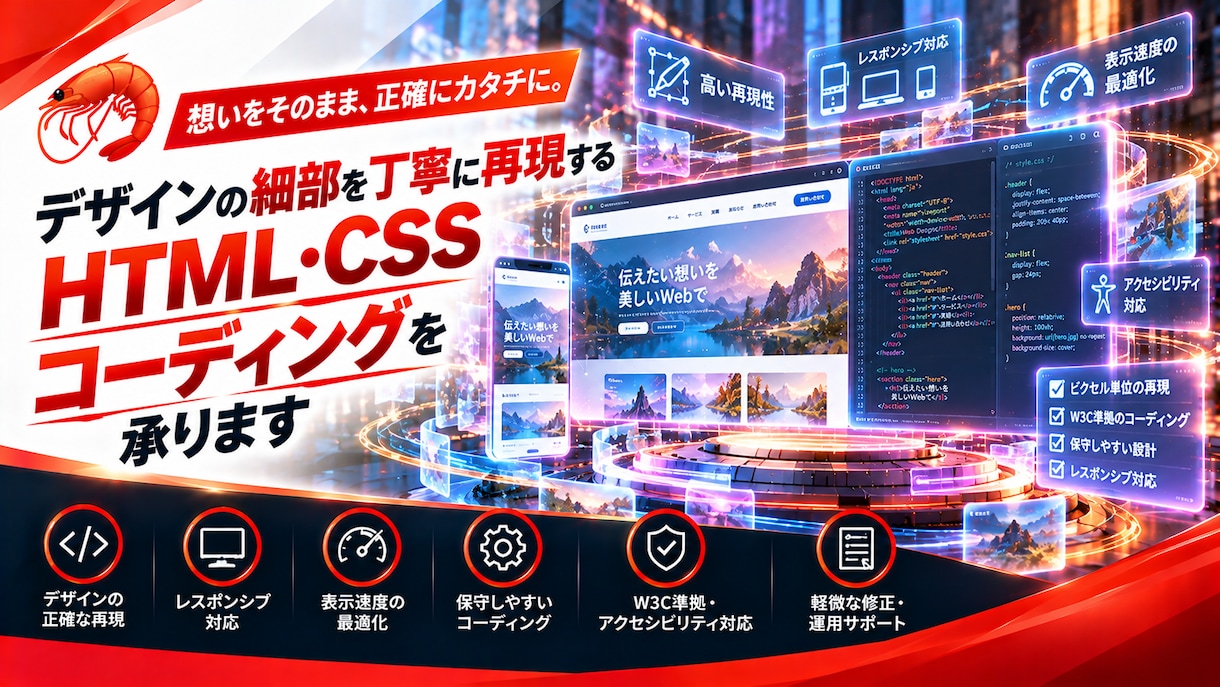 デザインを丁寧にHTML・CSSで再現します 細部の見た目とスマホ表示にこだわり、保守しやすく実装 イメージ1