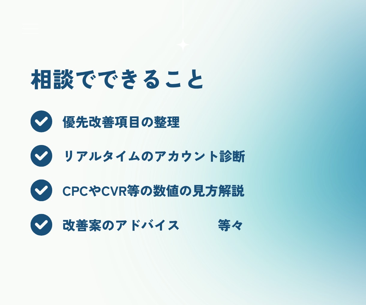 Meta広告診断｜利益が出ない悩みを解決します 現役運用者がアカウント診断や数値の見方、改善案をアドバイス。 イメージ3
