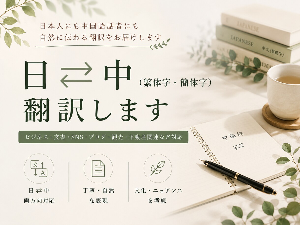 日⇔中（繁体字・簡体字）翻訳します 日本人にも中国語話者にも自然に伝わる翻訳をご提供します。 イメージ1