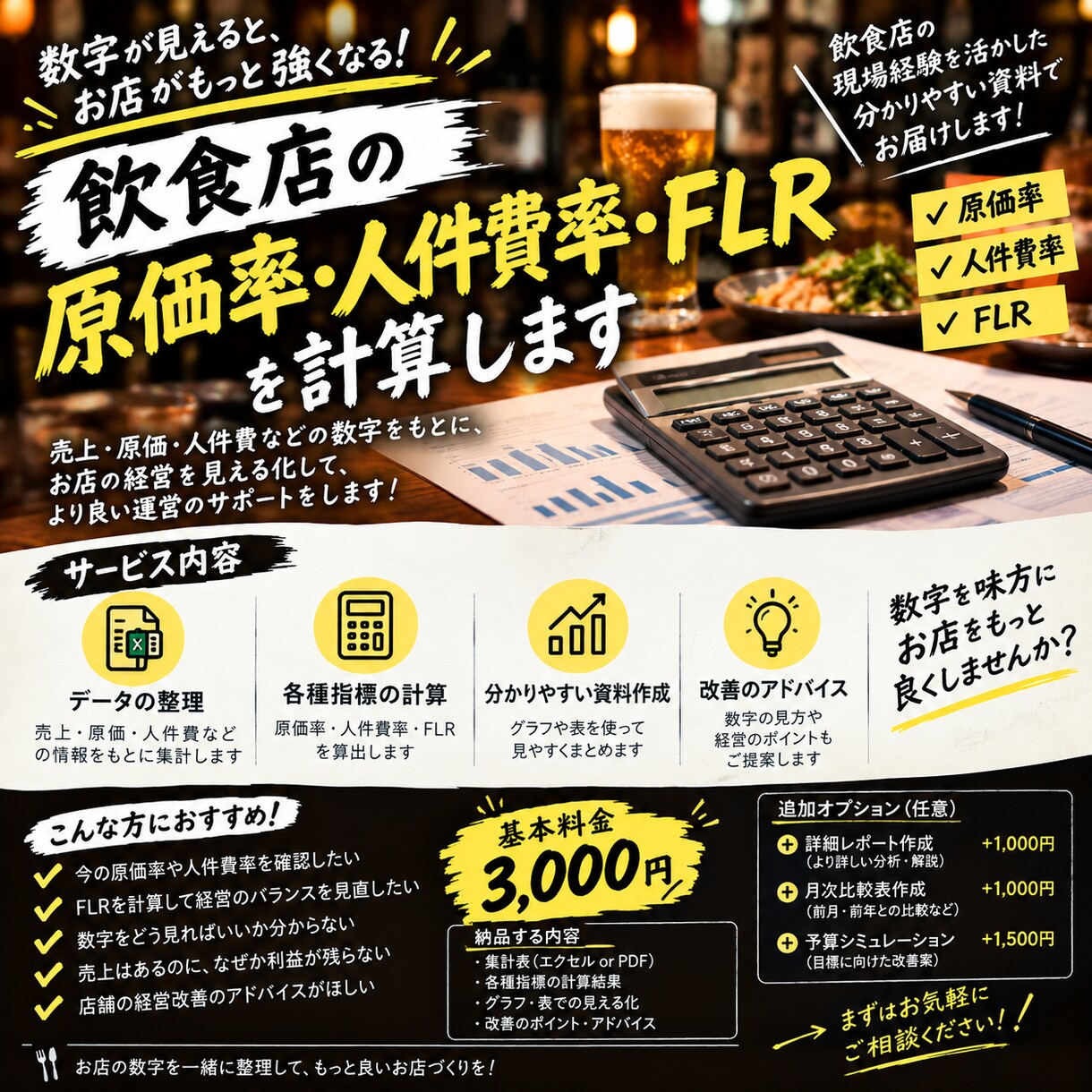飲食店の原価率、人件費率、FLRを計算します 原価率、人件費率、FLRの計算 イメージ1