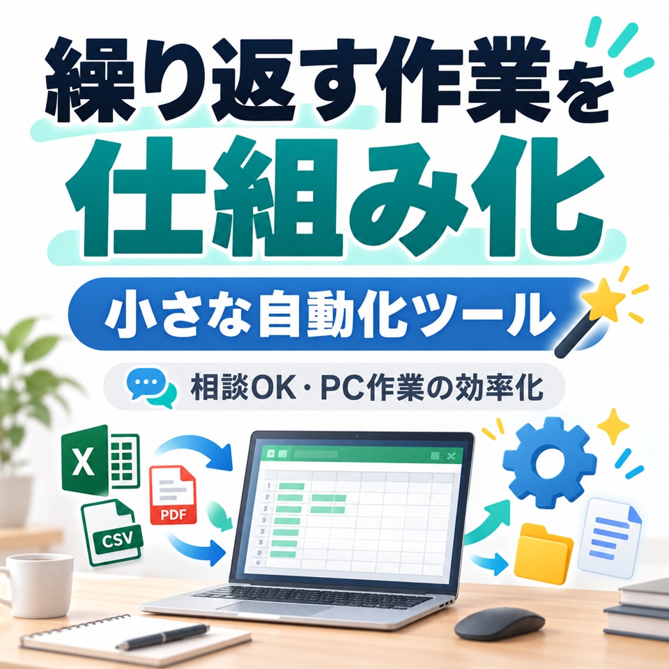 面倒なPC作業を小さな自動化ツールにします 繰り返す手作業を整理し、必要な部分だけ仕組み化します イメージ1