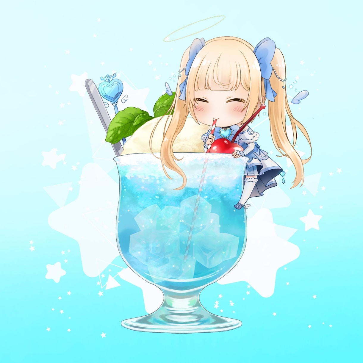 量産イラスト:クリームソーダを飲むイラスト描きます グッズにもオススメ！クリームソーダを飲む可愛いSDイラスト イメージ3
