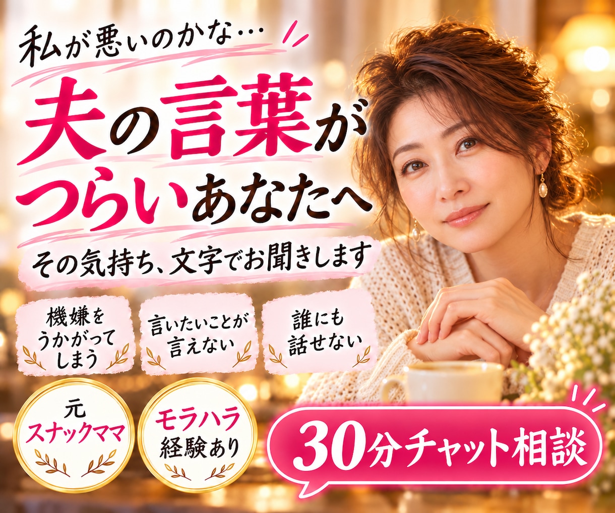夫の言葉につらくなる気持ちを文字でお聞きします 私が悪いのかな…。ひとりで抱えず、ここで話してみませんか イメージ1