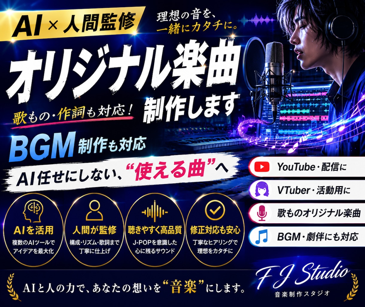 AI×人間監修でオリジナル楽曲・BGM制作します イメージを“楽曲として成立する形”へ仕上げます イメージ1