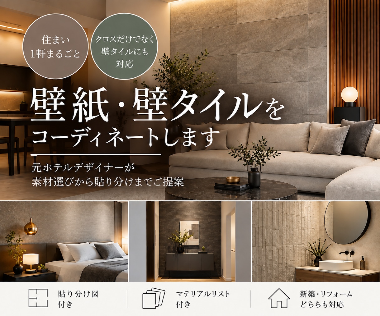 住まい1軒の壁紙・壁タイルをコーディネートします 元ホテルデザイナーがベースクロスからアクセントまでご提案 イメージ1