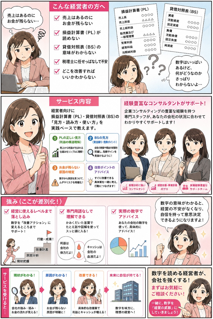 損益計算書・貸借対照表をわかりやすく解説します 社長、経営者向け、損益計算書・貸借対照表見方書き方教えます。 イメージ1