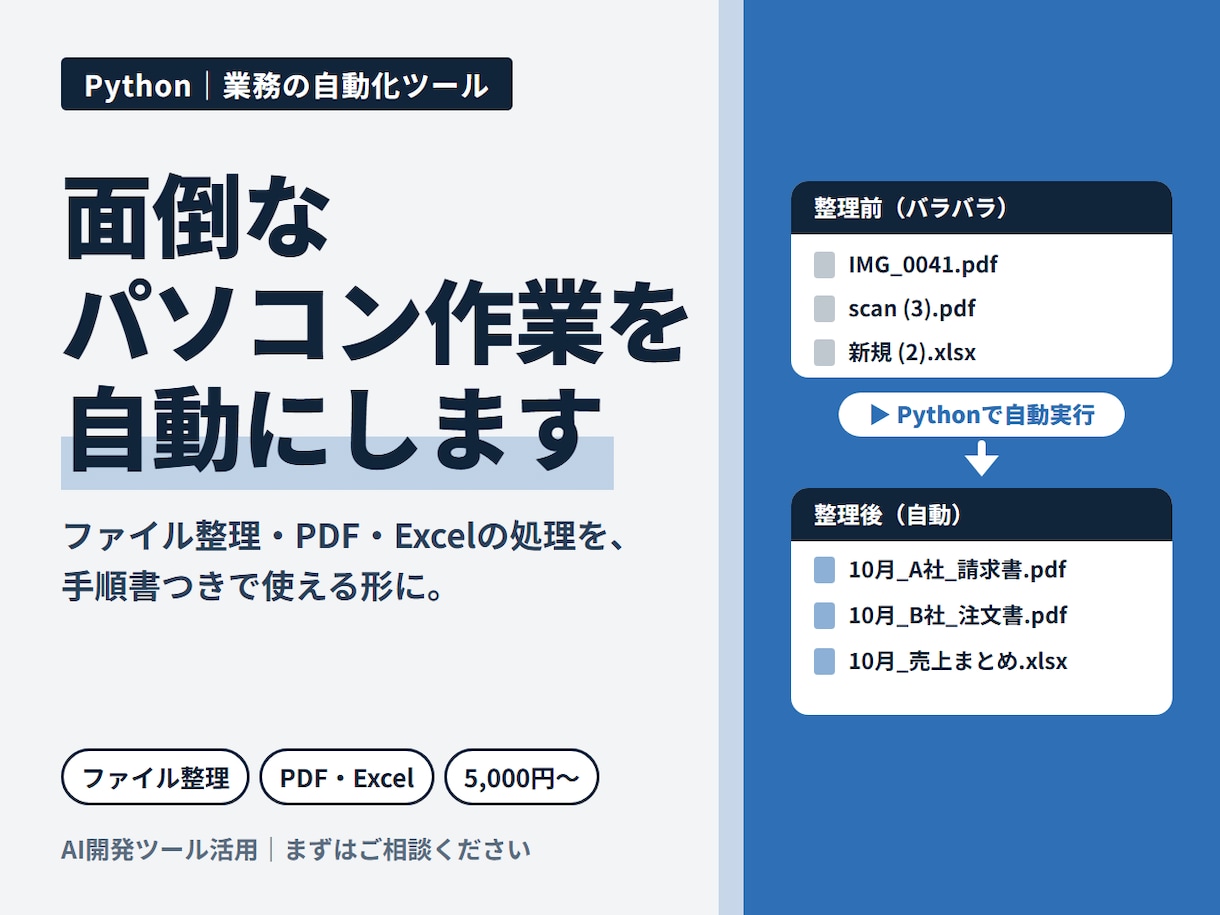 Pythonで業務の自動化ツールを作ります ファイル整理・PDF・Excel処理｜手作業を自動に イメージ1