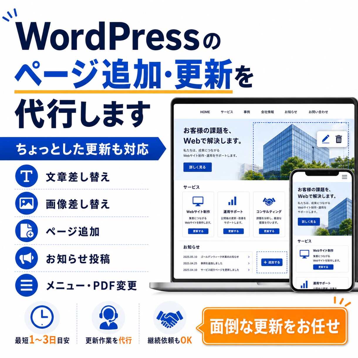 WordPressのページ追加・更新を代行します ちょっとした更新からページ追加まで、面倒な作業を代行します。 イメージ1