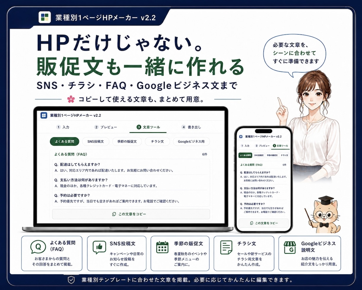 簡単にホームページ内容を作成するキットご用意します お店の名前・地域・電話番号を入れるだけで1ページHP原稿完成 イメージ7