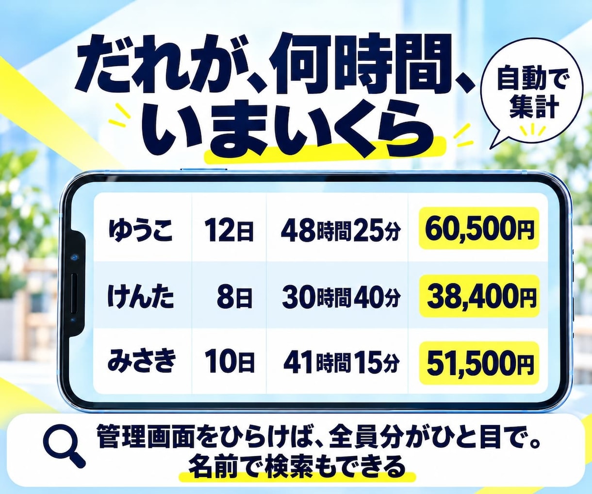 買い切りQRタイムカード｜給料計算まで自動化します 質問に答えるだけ。事業専用にカスタマイズ、届いた日から使える イメージ8
