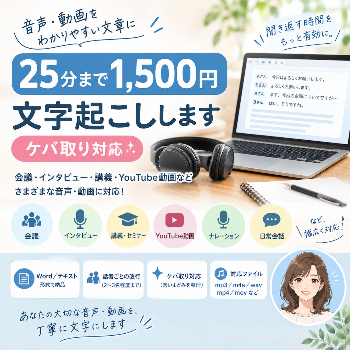 25分まで【1500円】⭐️丁寧に文字起こしします 音声を、丁寧に文字起こしいたします。 イメージ1