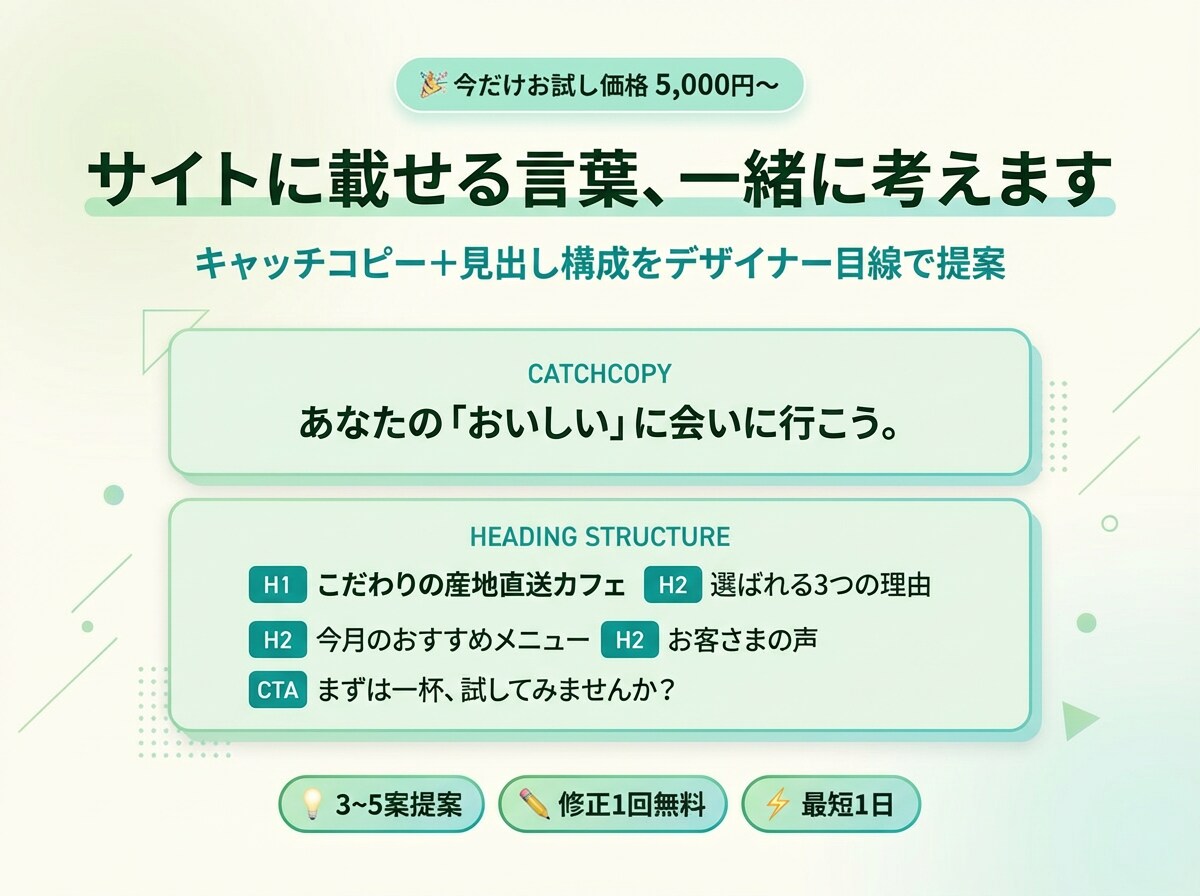 サイトに載せる言葉、一緒に考えます キャッチコピーと見出し構成をWebデザイナー目線で提案します イメージ1
