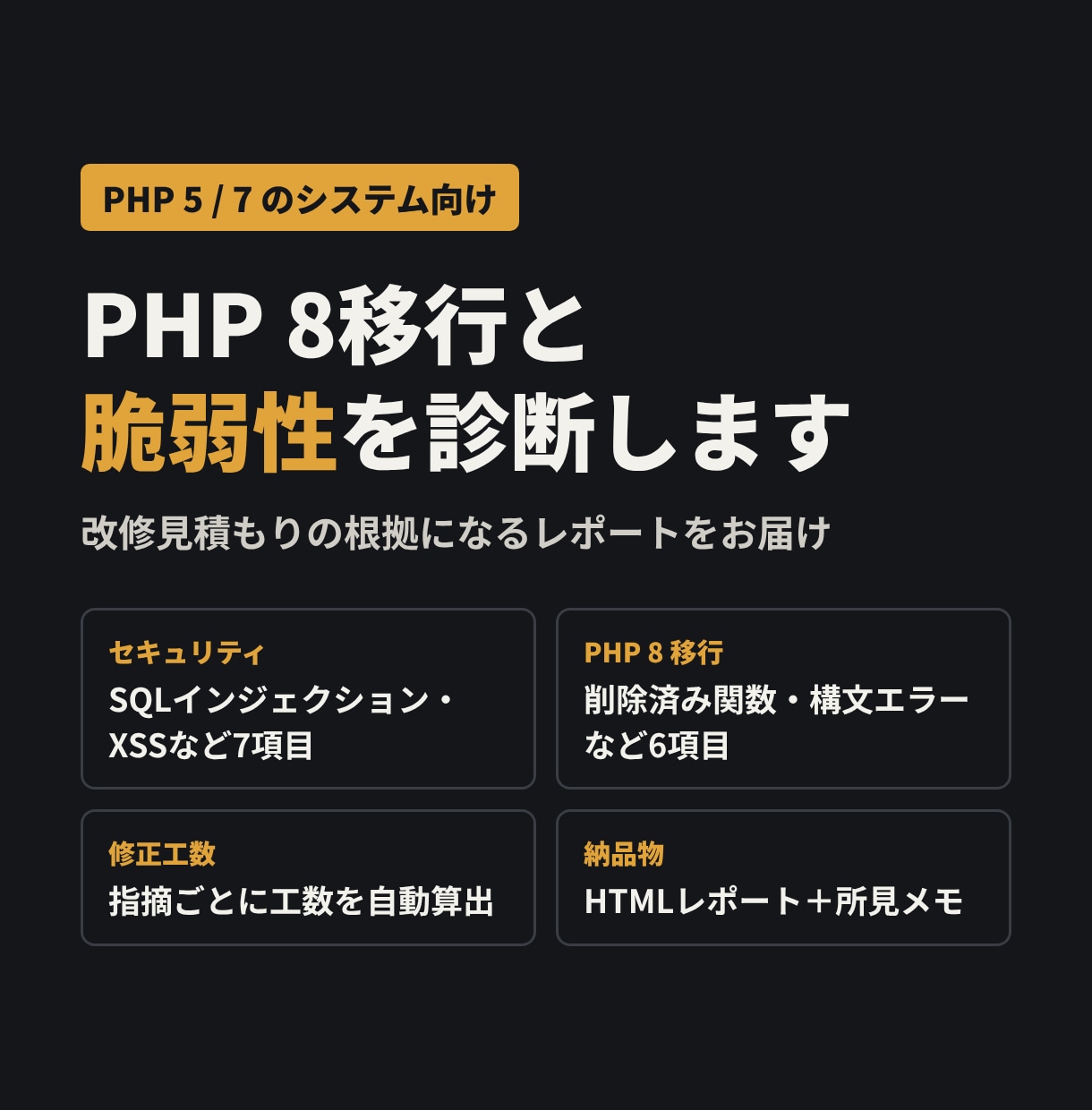 古いPHPのPHP8移行と脆弱性を診断します 改修見積もりの根拠になる診断レポートをお届けします イメージ1