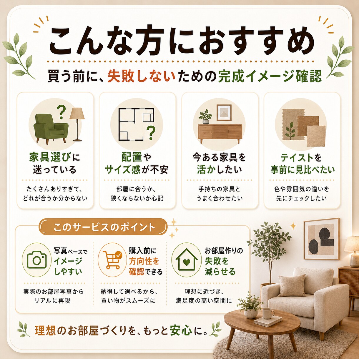 お部屋写真から理想のインテリアイメージを作ります （家具を買う前に理想のお部屋を画像で確認） イメージ3