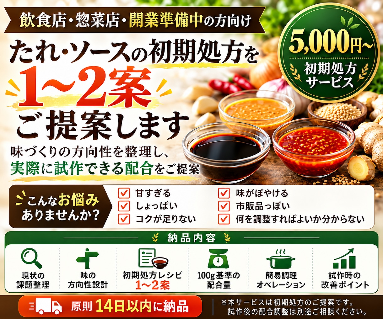 飲食店・惣菜店向けに実用的な処方案をご提案します 味の方向性から100g配合の初期処方1～2案までご提案 イメージ1