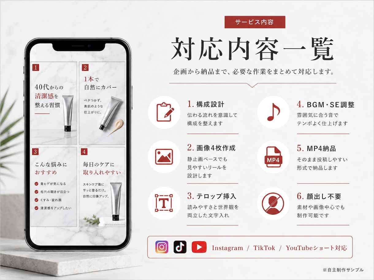 顔出し不要の縦型ショート動画を制作します Instagram・YouTube｜構成・テロップ・BGM込 イメージ2