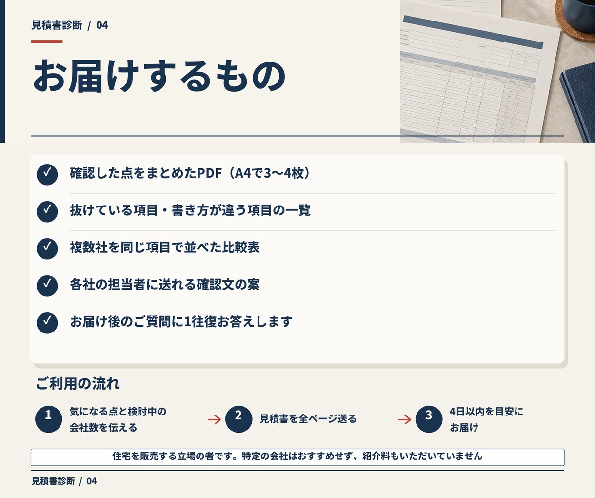 見積書の抜け漏れと、他社との比べ方を診断します 【先着3名500円・10月末まで】各社への確認文までお渡し イメージ5