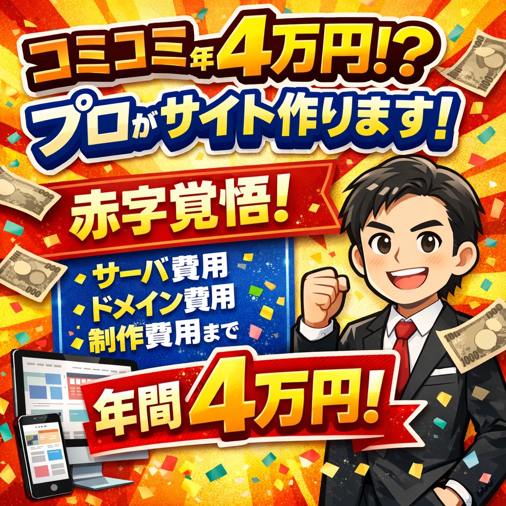コミコミ年間4万円!?プロがサイト作ります 赤字覚悟！サーバ費用、ドメイン費用、制作費用まで年間4万円 イメージ1