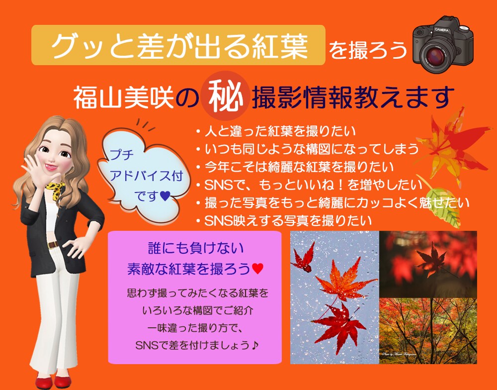 差が出る紅葉の撮り方♪福山美咲の㊙写真情報教えます いろいろな紅葉の撮影術を、画像と共にアドバイス付で学べます♡ イメージ1