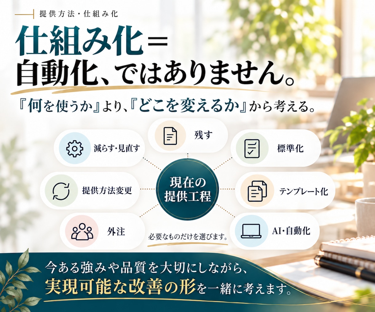 女性起業家の提供業務の仕組み化を設計します 売れた後の仕事を、残す・減らす・仕組みに分ける イメージ6