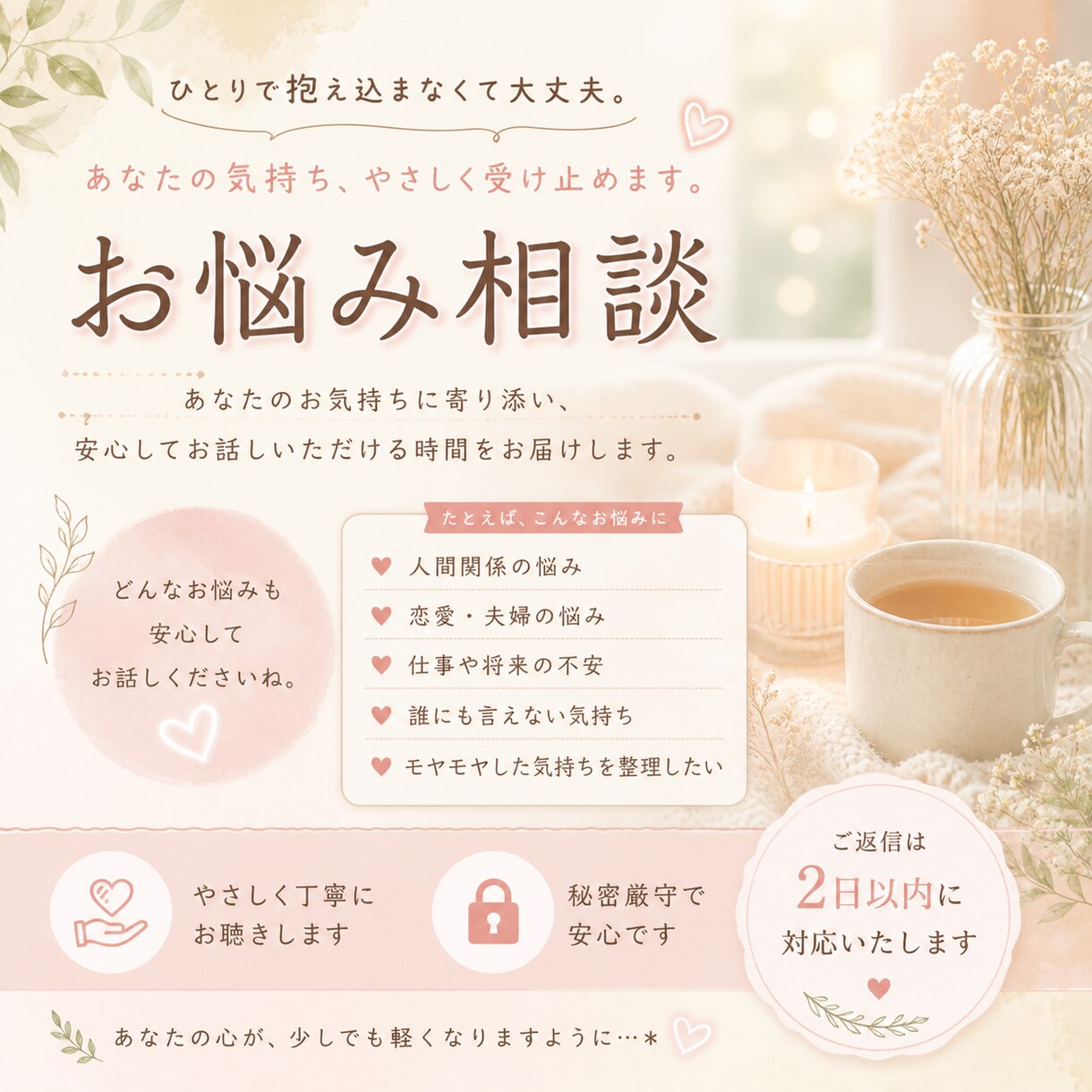 どんなお悩みもお聞きします。ます お仕事の悩み、子育ての悩み、家庭の悩み何でもおききします。 イメージ1