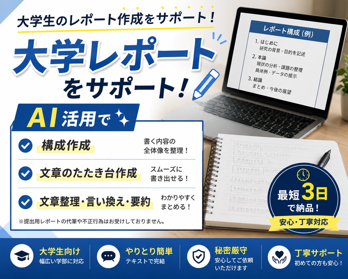 大学レポートの構成・たたき台をAI活用で作成します レポートの「何を書けばいい？」を解決します。 イメージ1