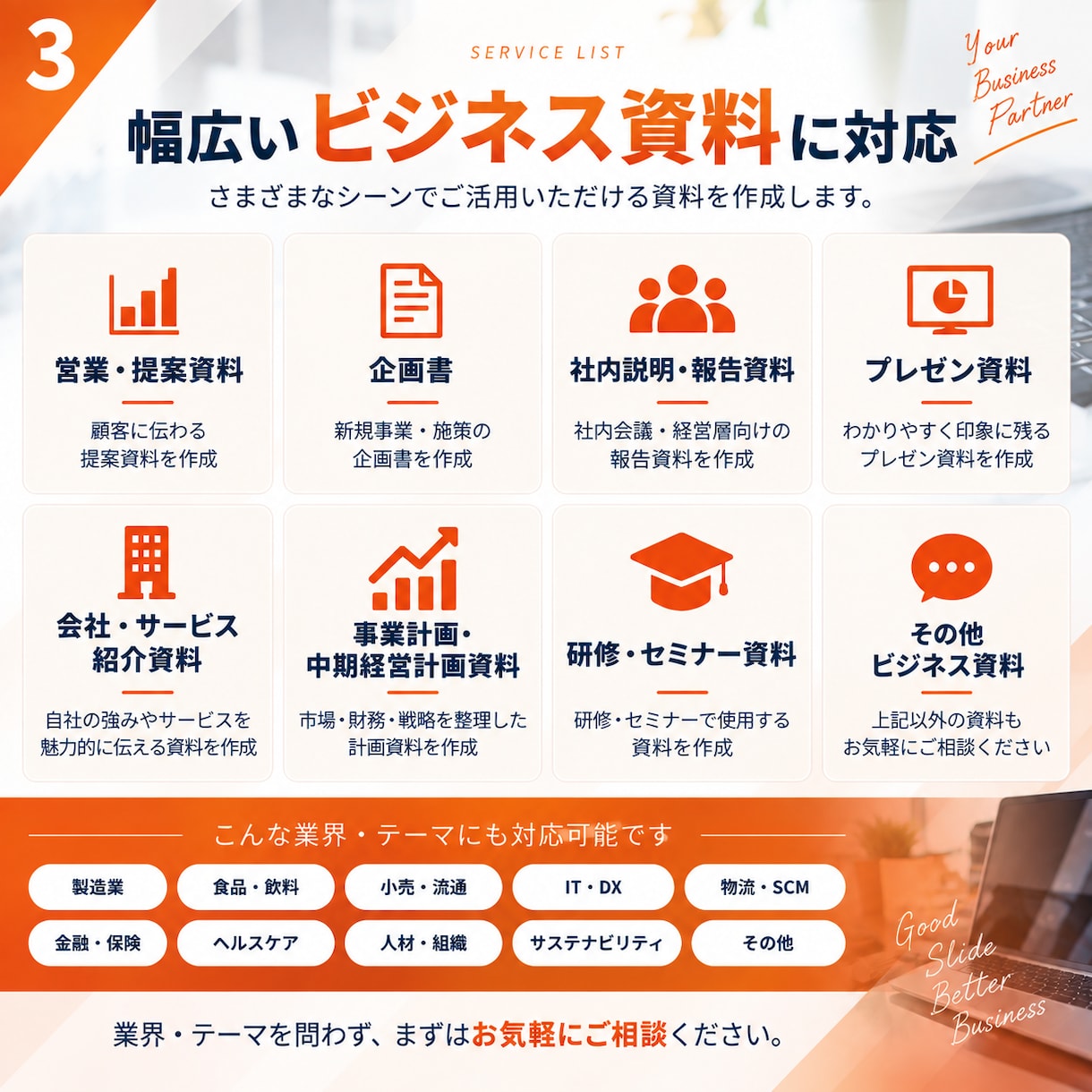 現役ITコンサルが伝わるパワポ資料を作ります 構成・情報整理から対応｜伝わるビジネス資料へ イメージ3