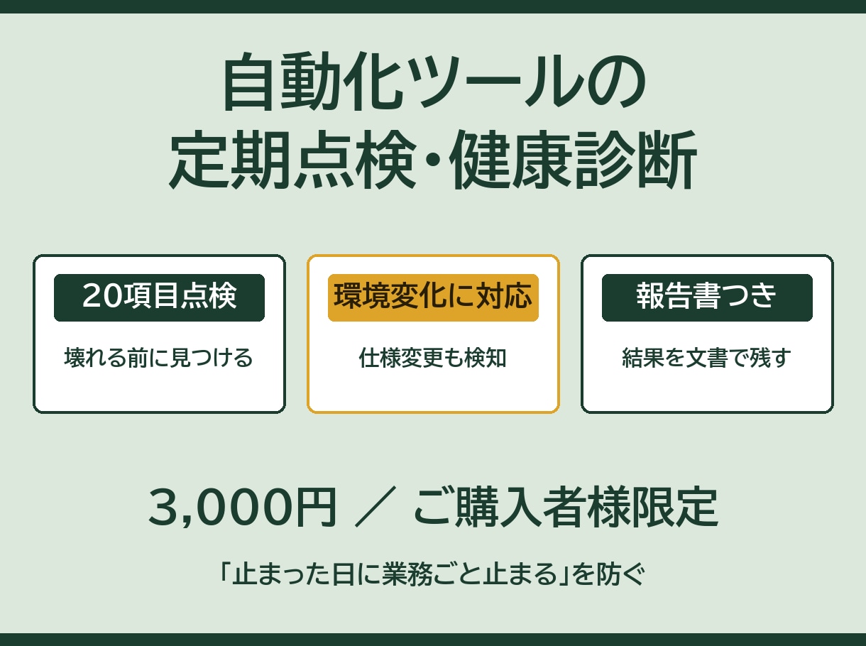 ご購入者様限定で自動化ツールを定期点検します 評価5.0┃壊れる前に20項目の健康診断 イメージ1