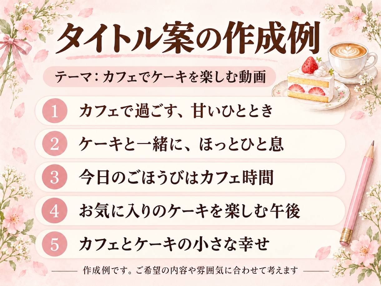 投稿や動画のタイトル案を５つ考えます かわいい・シンプルなど、ご希望の雰囲気に合わせて イメージ2