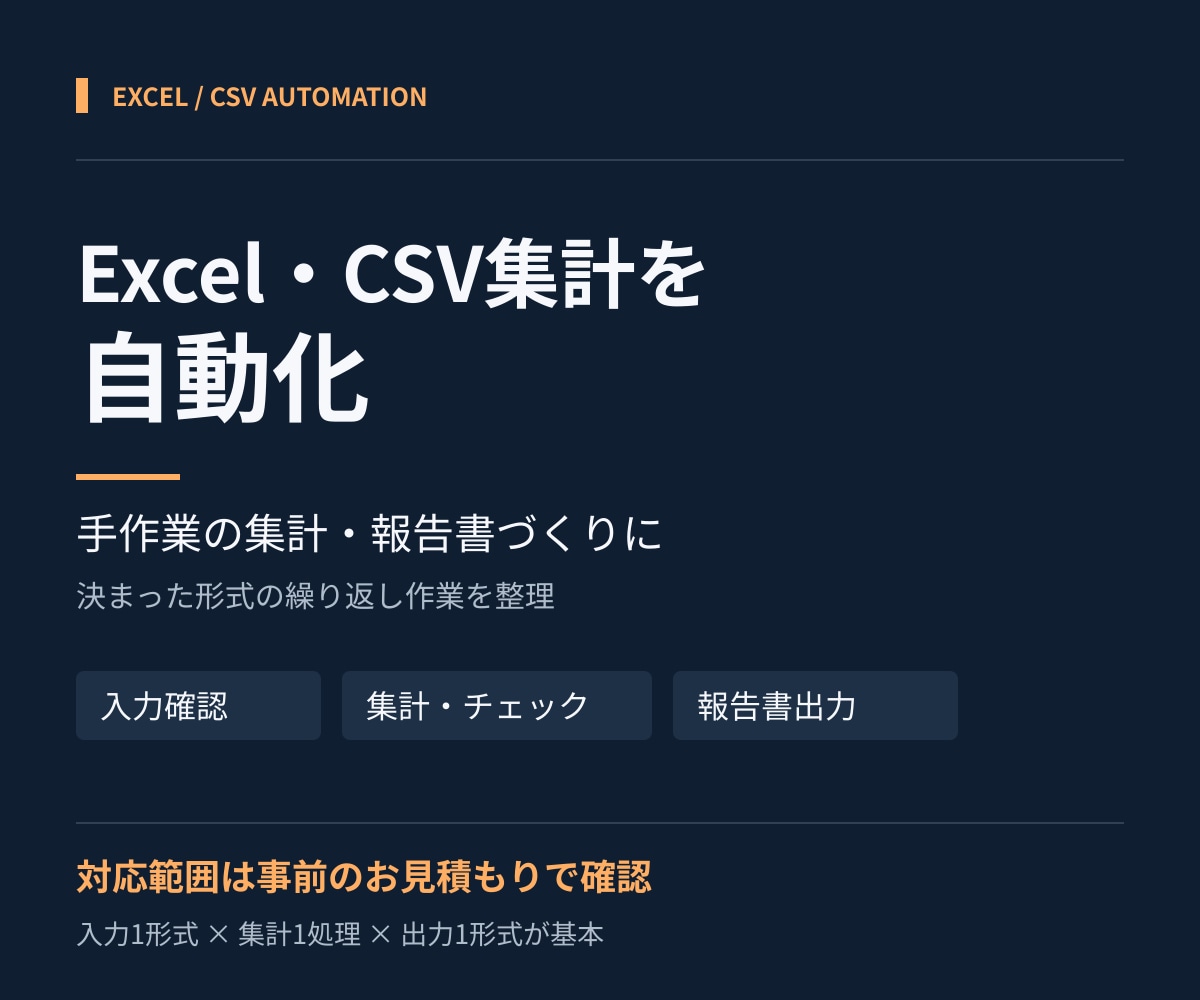Excel・CSVの集計や報告書作成を自動化します 毎月の転記・集計・報告書づくりを小さく自動化 イメージ1