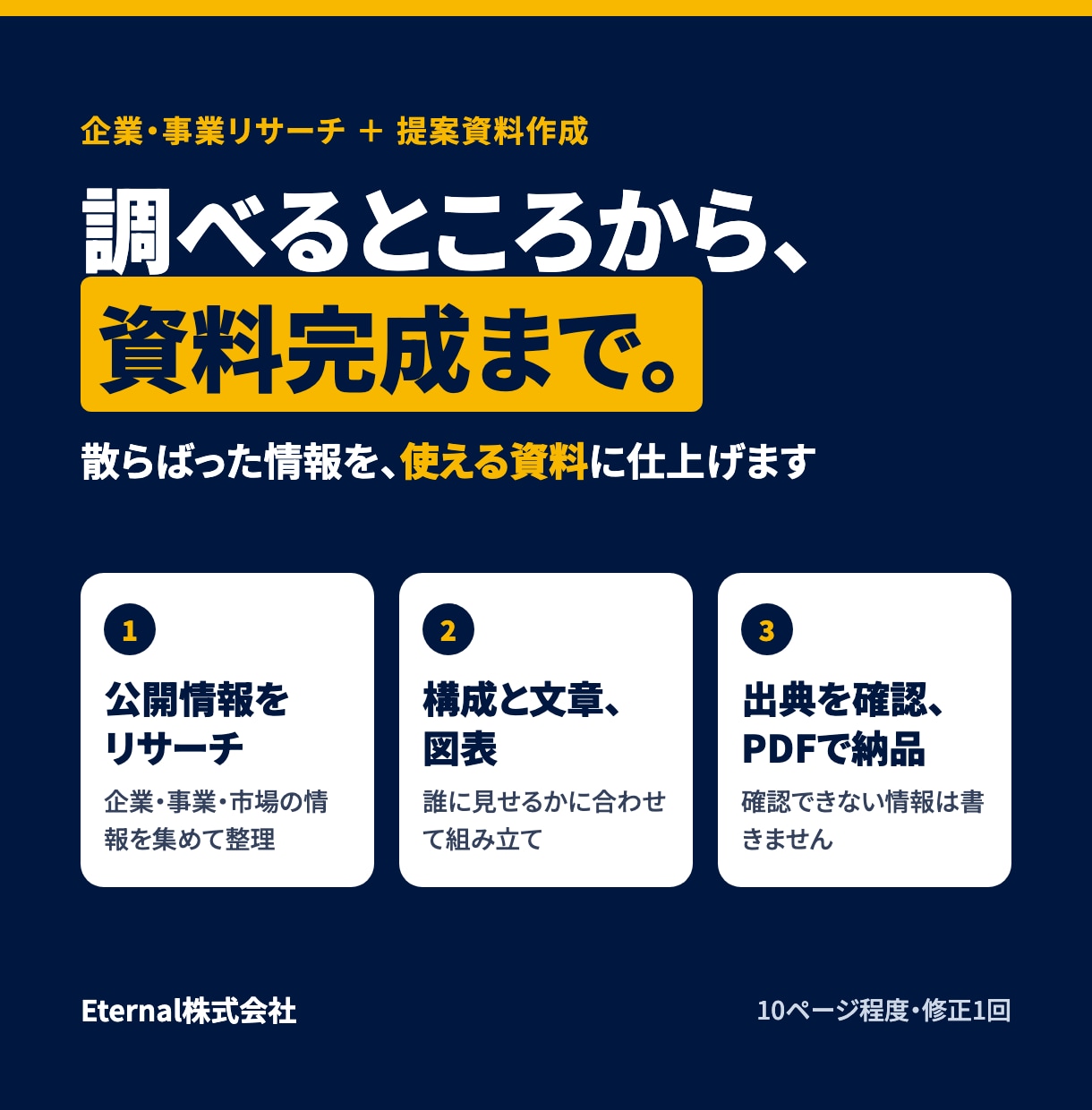 会社・事業をリサーチして、伝わる提案資料を作ります 散らばった情報を「使える資料」に仕上げます イメージ1