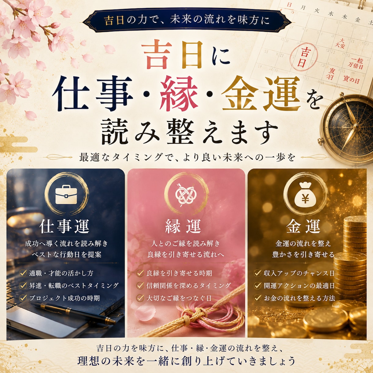 吉日に仕事・縁・金運を読み整えます 仕事・人間関係・金運の流れを丁寧に読み取ります イメージ1