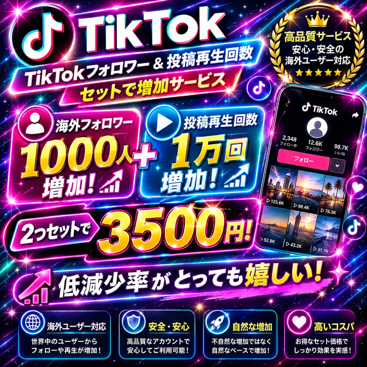 TikTokのフォロワー+再生回数を増やします 外国人リアルフォロワー1000人×再生回数1万回セットプラン イメージ3
