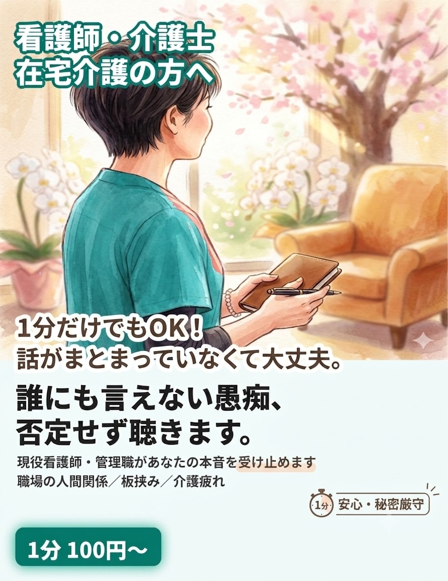 看護師・介護士・在宅介護の愚痴否定せず聴きます 職場の悩みも介護疲れも、看護師管理職が本音を受け止めます イメージ1