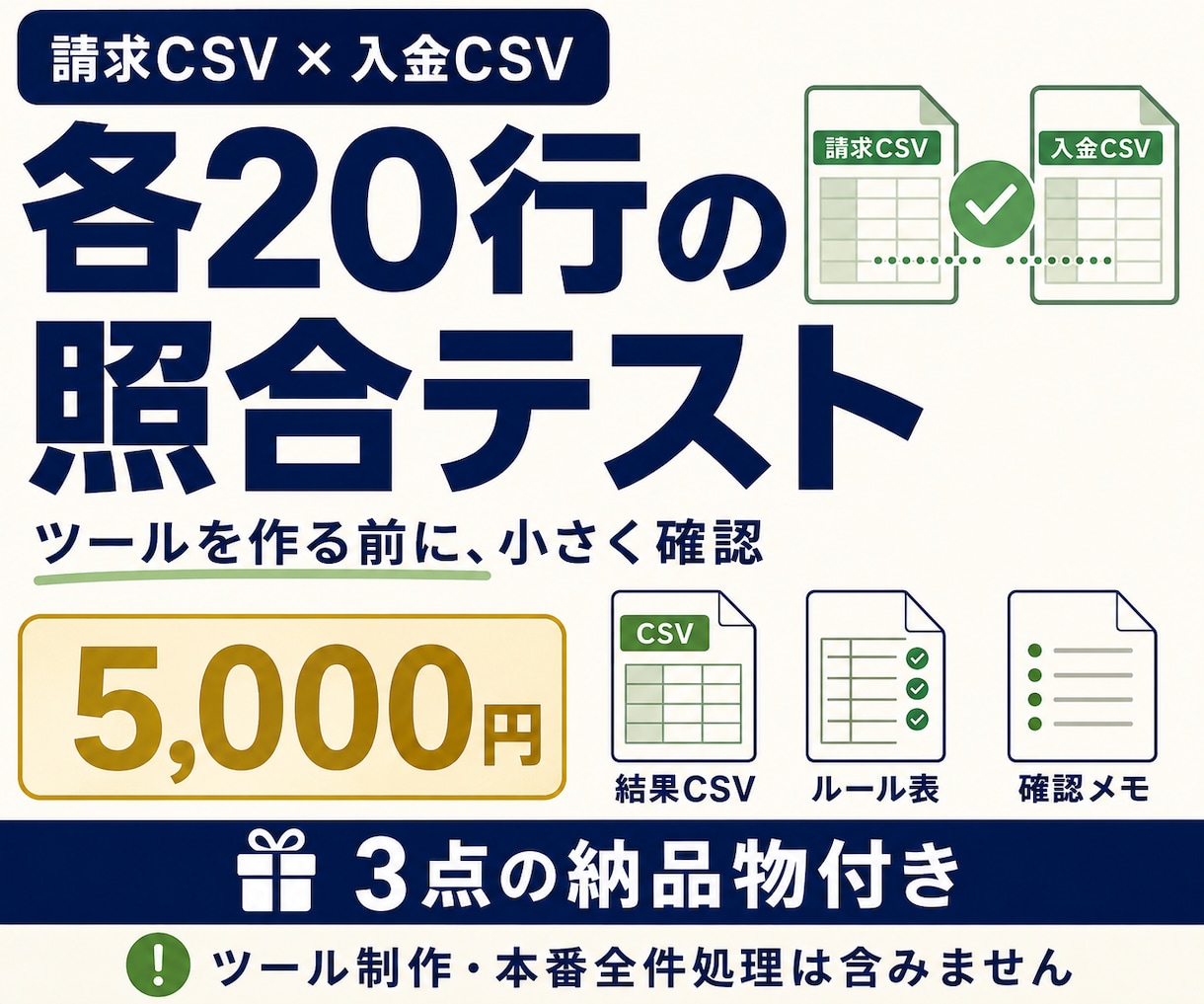請求・入金CSVを各20行テスト照合します 結果CSV・照合ルール表・確認メモの3点を納品 イメージ1