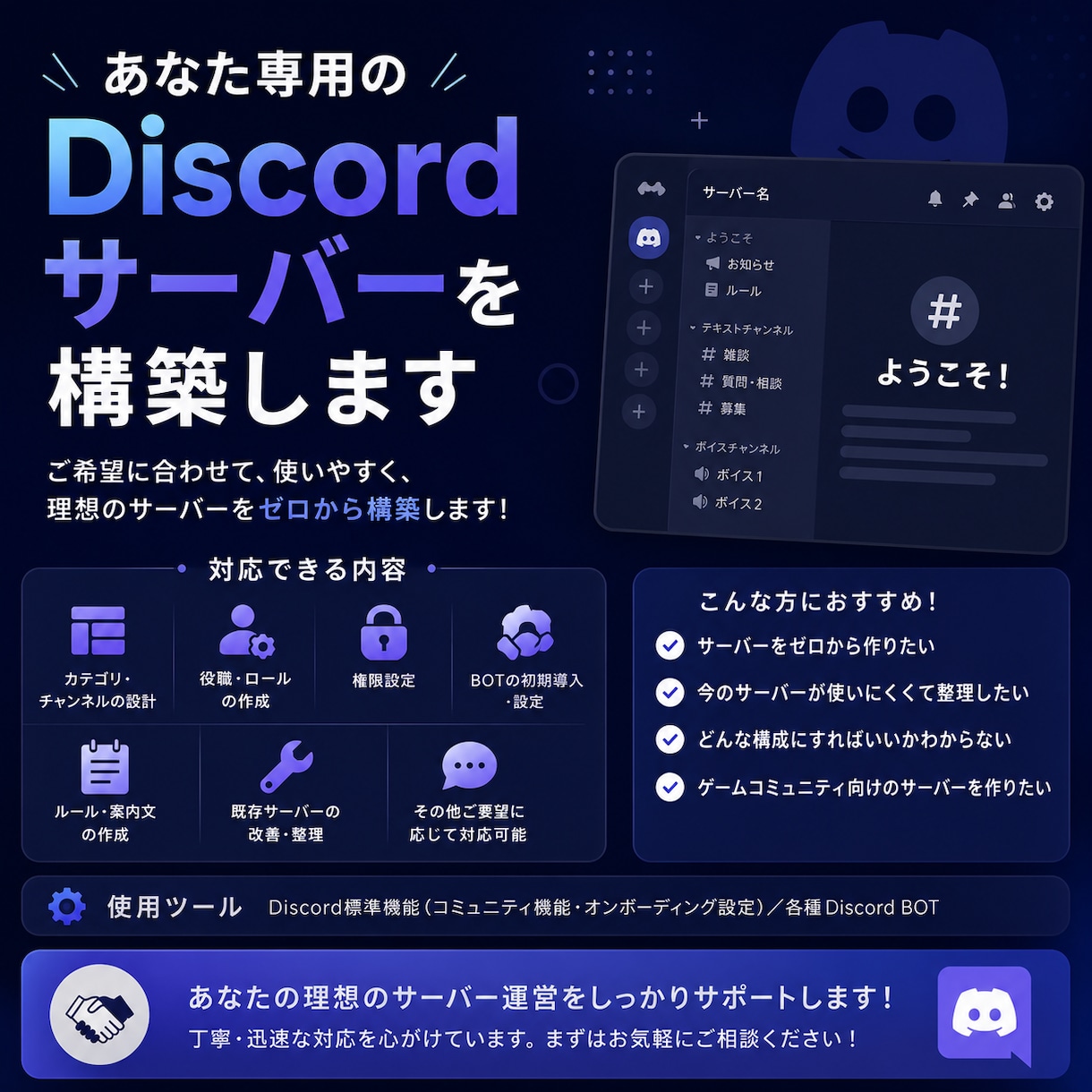 あなた専用のDiscordサーバーを構築します 使いやすく整ったサーバーを丁寧に作成させていただきます！ イメージ1