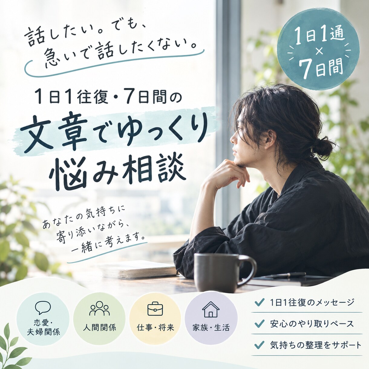 1日1往復｜あなたの悩みを文章でゆっくり聞きます 話したい。でも、急いで話したくない。1日1通、ゆっくり相談。 イメージ1