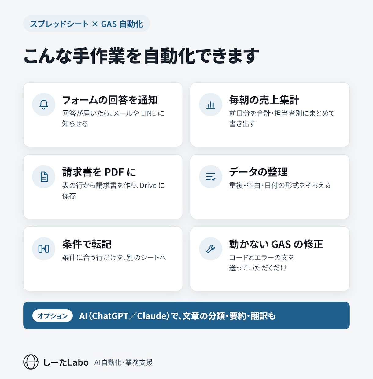 スプレッドシートの手作業をGASで自動化します 質問票に答えるだけ。48時間納品・30日修正つき イメージ2