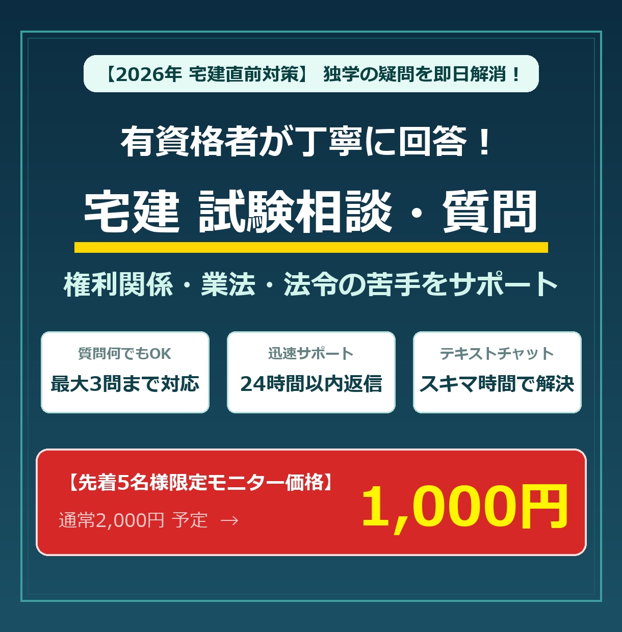 宅建2026過去問の疑問を即日解説します 直前期の「わからない」を即解消！独学・社会人受験者をサポート イメージ1
