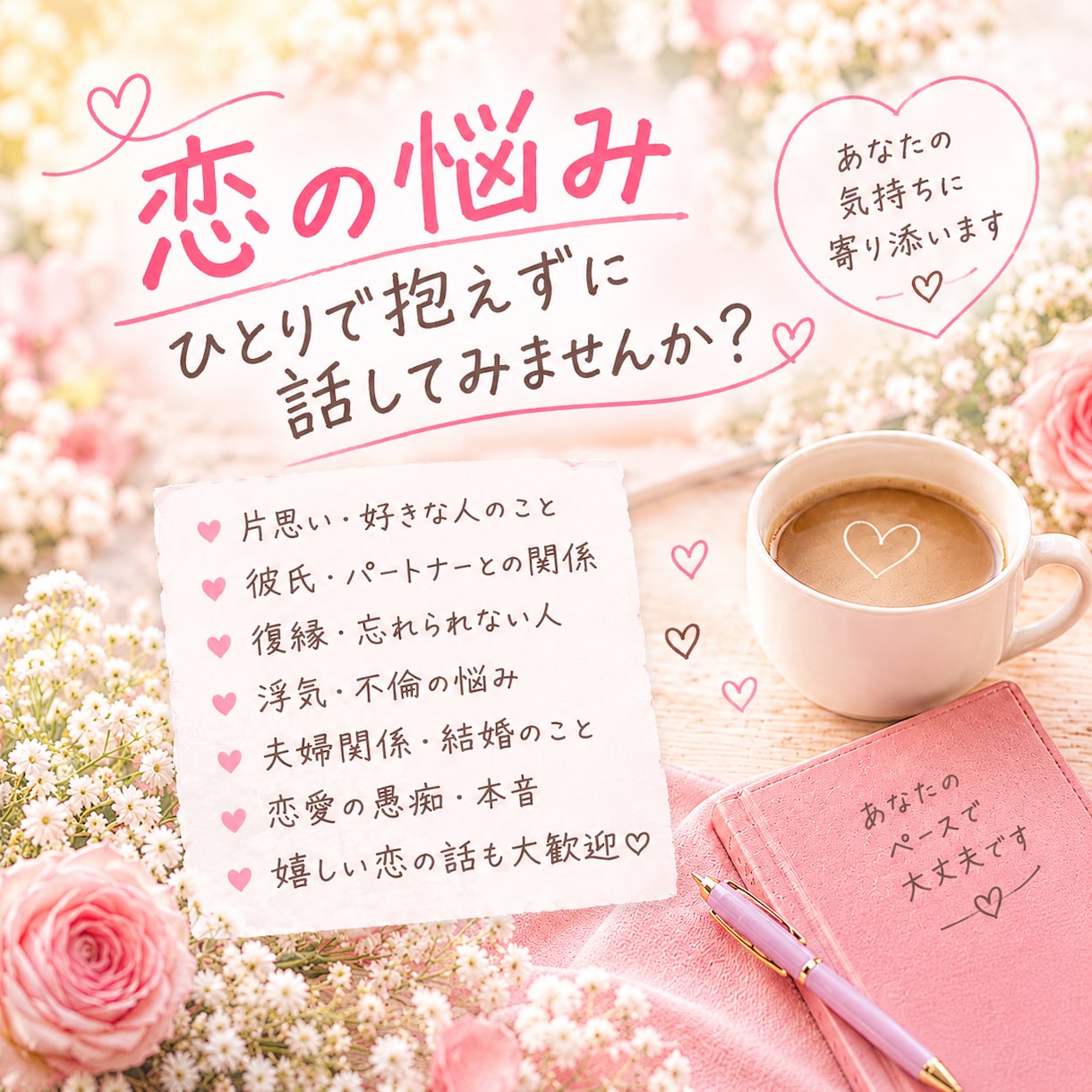 誰にも言えない悩みや恋愛の話を聞きます うまく話せなくてもいい。安心してあなたの気持ちを聞かせてね。 イメージ2