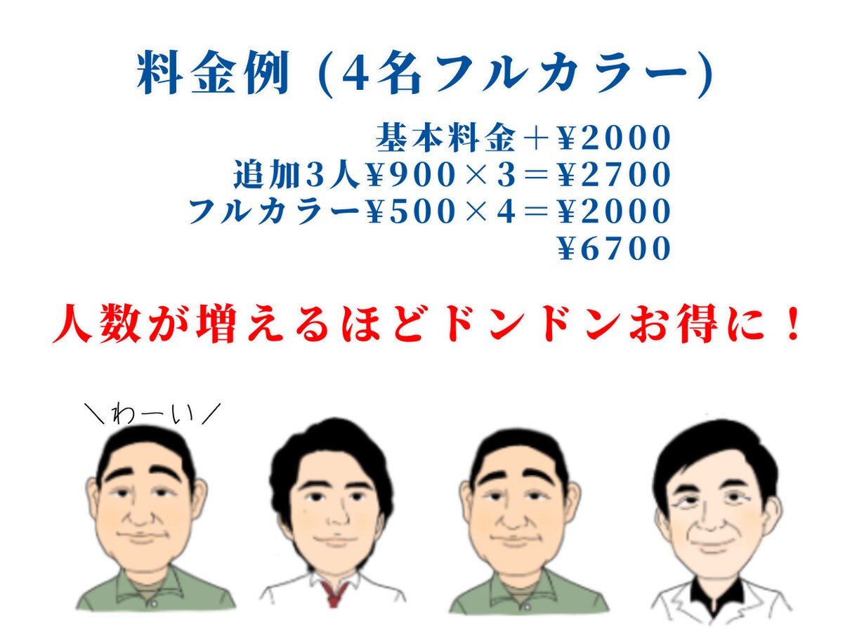 人数増えるとお得！商用OK！男性の似顔絵描きます ビジネスや名刺にも最適！大人数でお得に！広告宣伝画像に！ イメージ4