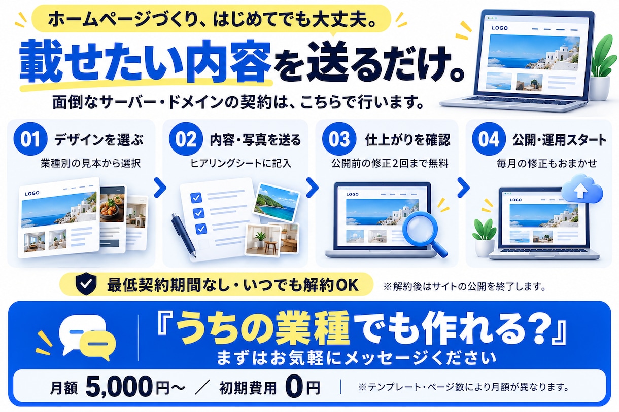 月額5千円でHPを作ってまるごと預かります 初期費用0円。サーバー・ドメイン・毎月の修正込み イメージ2